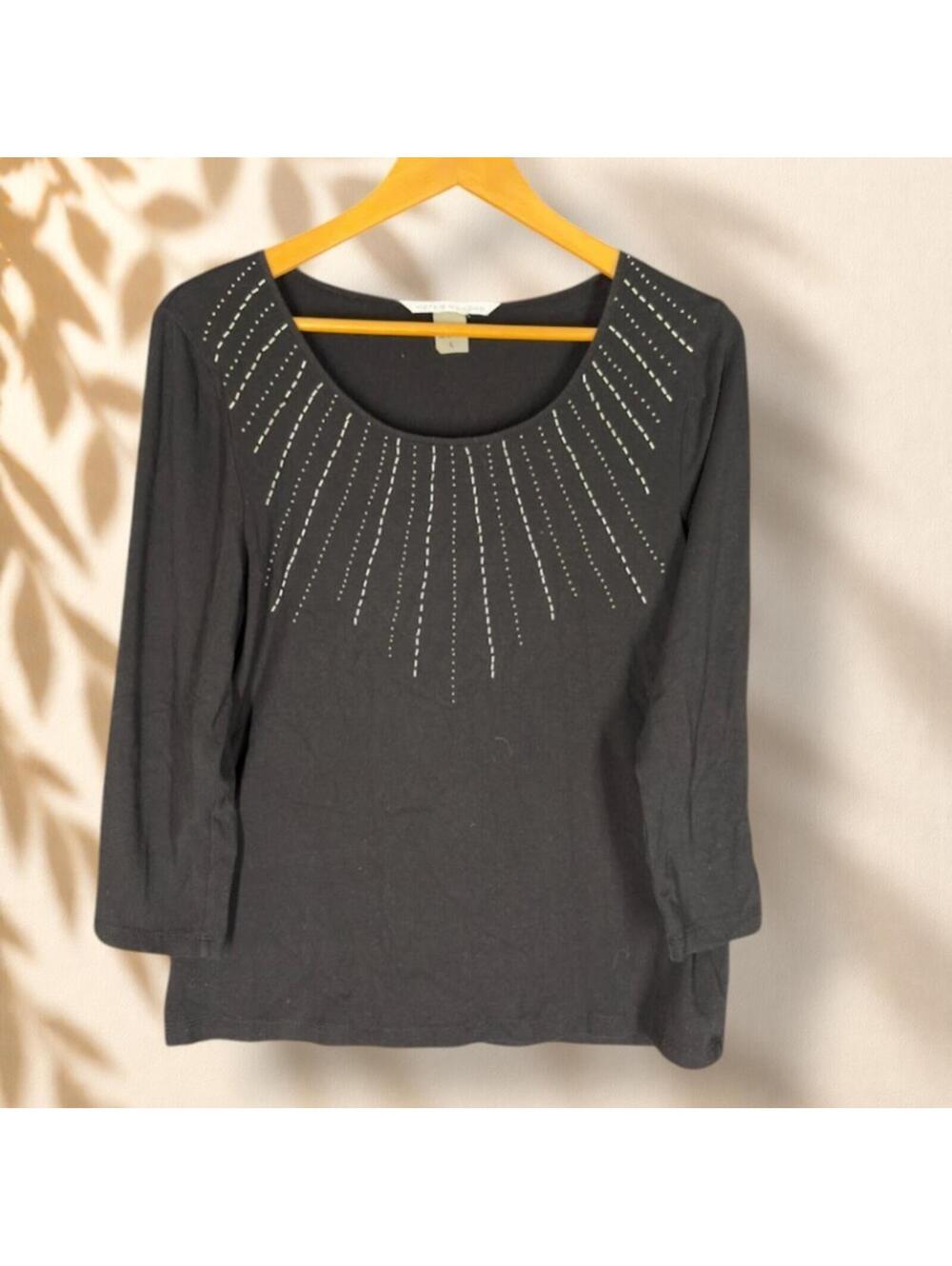 Peter Nygard Sweater Pullover Women L Large Black Rhinestone Long Sleeve Knit